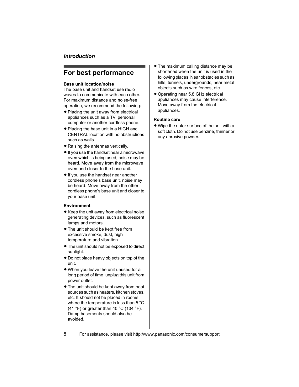 For best performance | Panasonic KX-TG5456 User Manual | Page 8 / 76