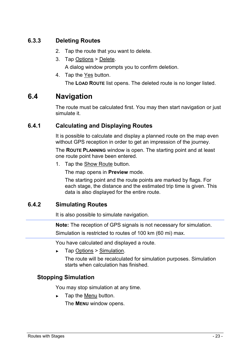 3 deleting routes, 4 navigation, 1 calculating and displaying routes | 2 simulating routes, Saving routes, Managing routes, Stopping simulation | Panasonic CN-GP50N User Manual | Page 23 / 39