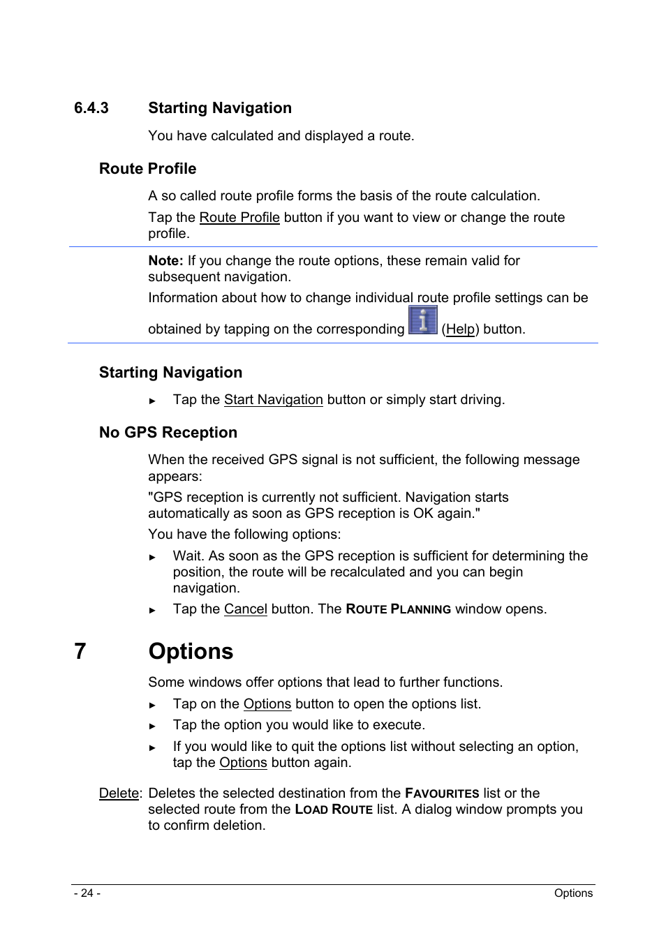 3 starting navigation, 7 options, Loading routes | Renaming routes, Deleting routes, Navigation, Calculating and displaying routes, Route profile, Starting navigation, No gps reception | Panasonic CN-GP50N User Manual | Page 24 / 39