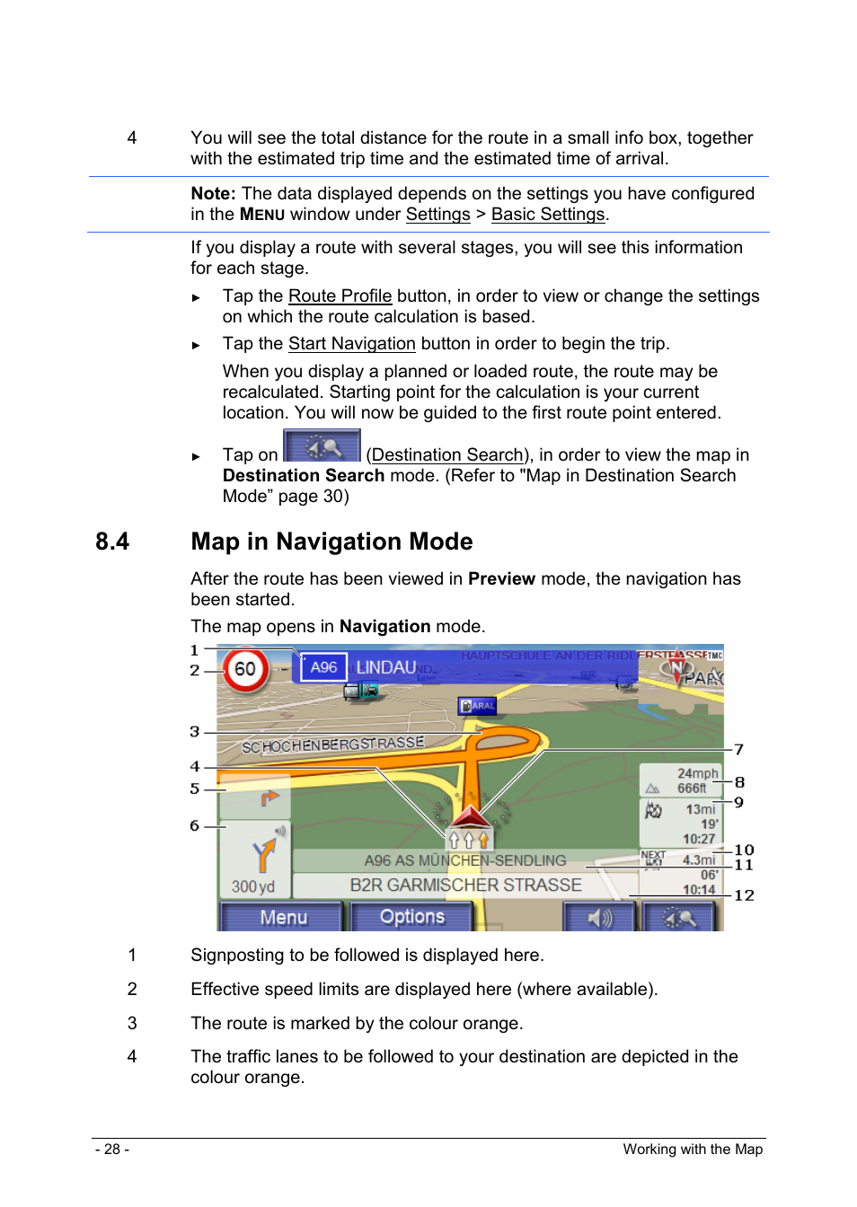 4 map in navigation mode, Working with the map, Maps | Map in standard mode | Panasonic CN-GP50N User Manual | Page 28 / 39