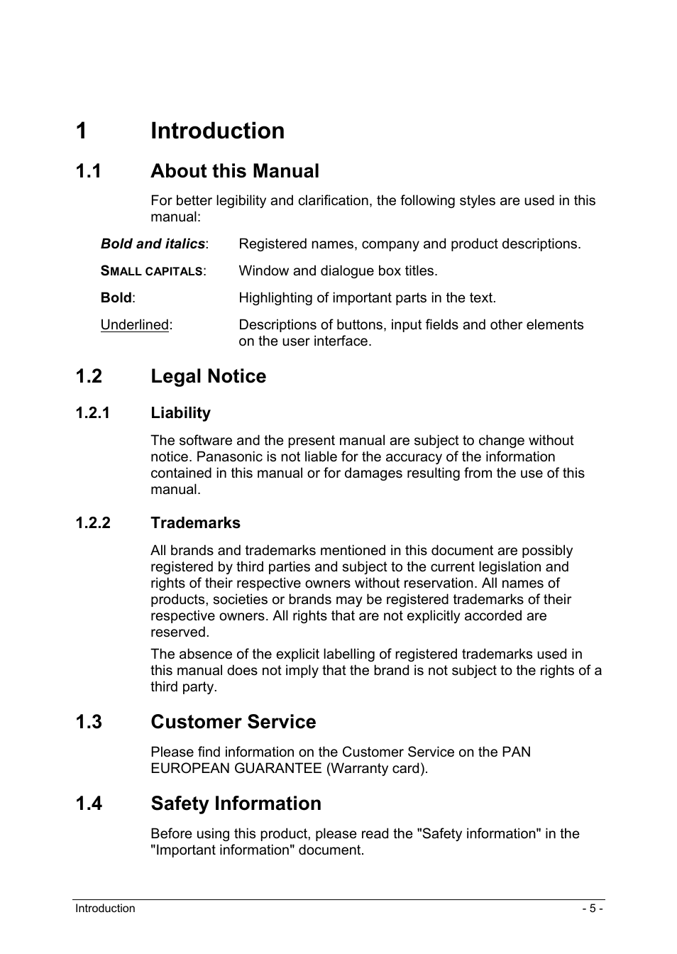1 introduction, 1 about this manual, 2 legal notice | 1 liability, 2 trademarks, 3 customer service, 4 safety information, Introduction, About this manual, Legal notice | Panasonic CN-GP50N User Manual | Page 5 / 39