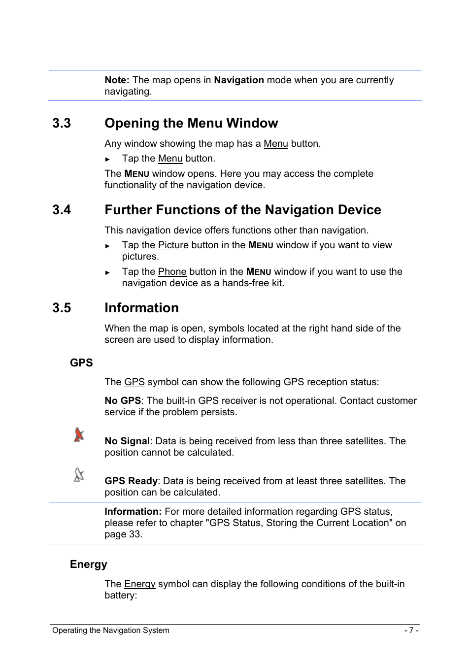 3 opening the menu window, 4 further functions of the navigation device, 5 information | Opening the map, Opening the menu window, Further functions of the navigation device, Information, Energy | Panasonic CN-GP50N User Manual | Page 7 / 39