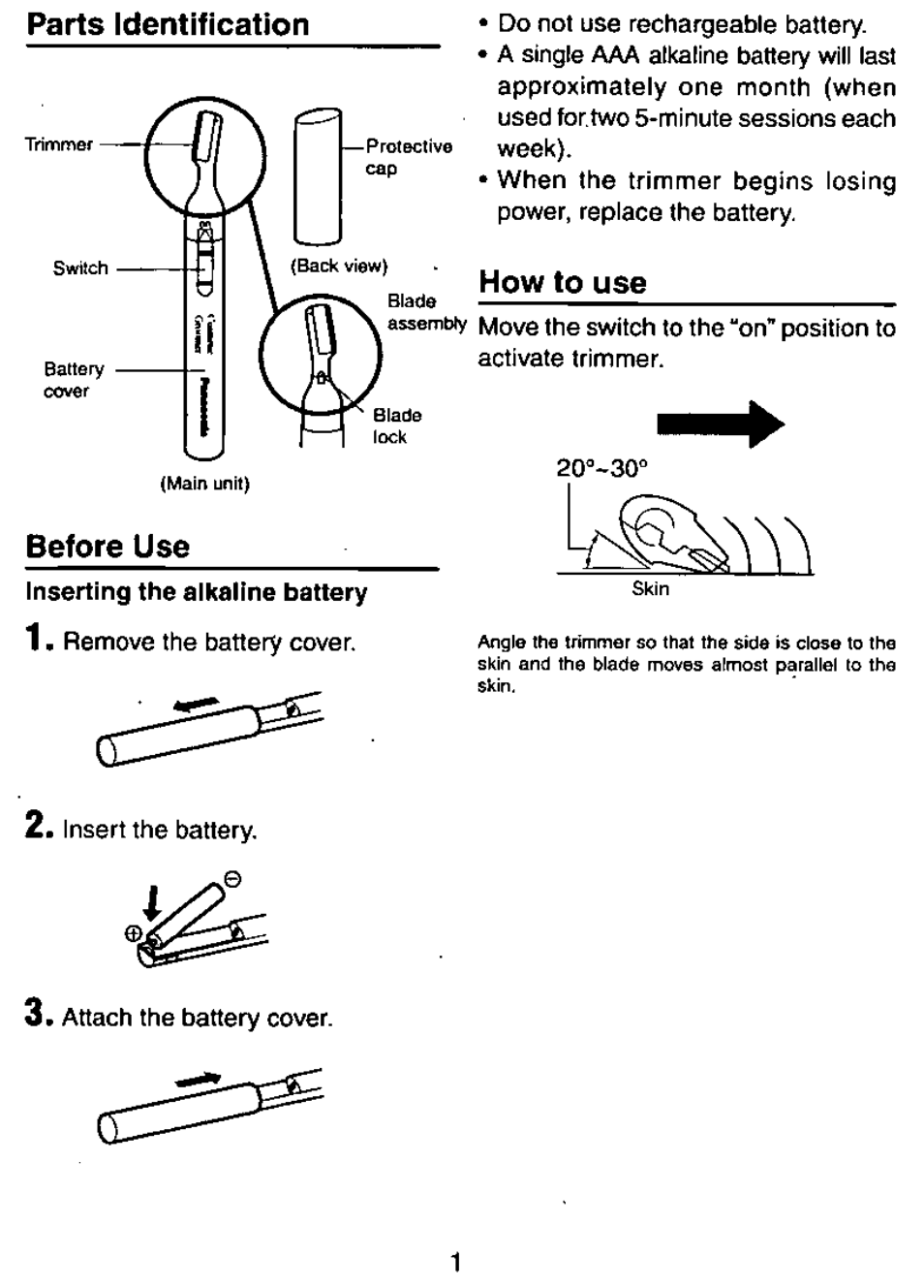 Parts identification, Before use, How to use | Panasonic ES107 User Manual | Page 2 / 12