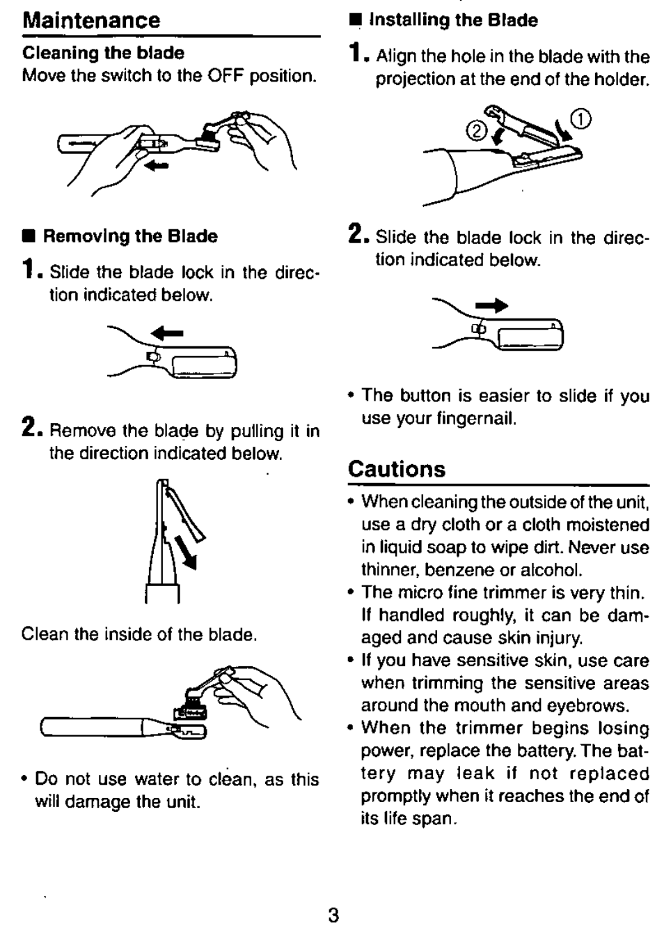 Maintenance, Cautions | Panasonic ES107 User Manual | Page 4 / 12