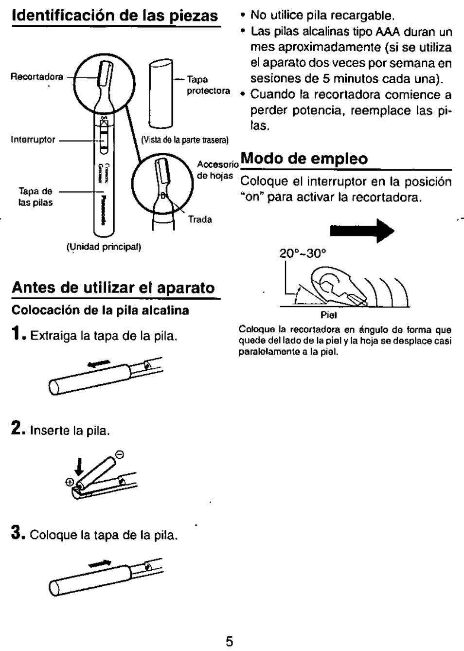 Identificación de ias piezas, Modo de empieo, Antes de utilizar el aparato | Panasonic ES107 User Manual | Page 6 / 12