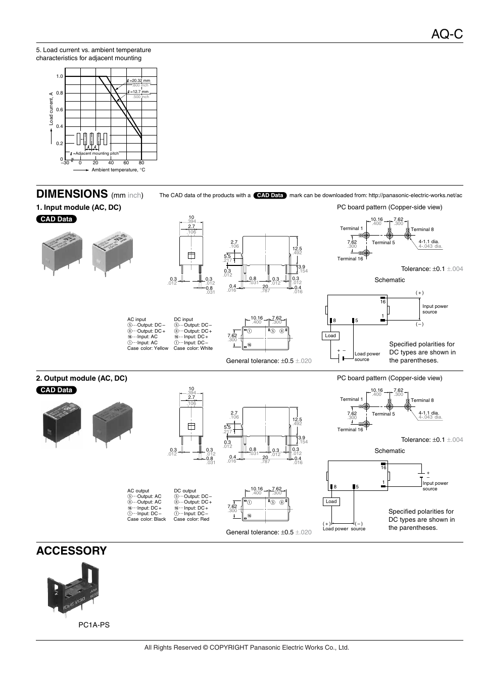 Aq-c, Dimensions, Accessory | Mm inch ), Input module (ac, dc), Output module (ac, dc), Pc1a-ps | Panasonic AQ-C Relays User Manual | Page 4 / 5