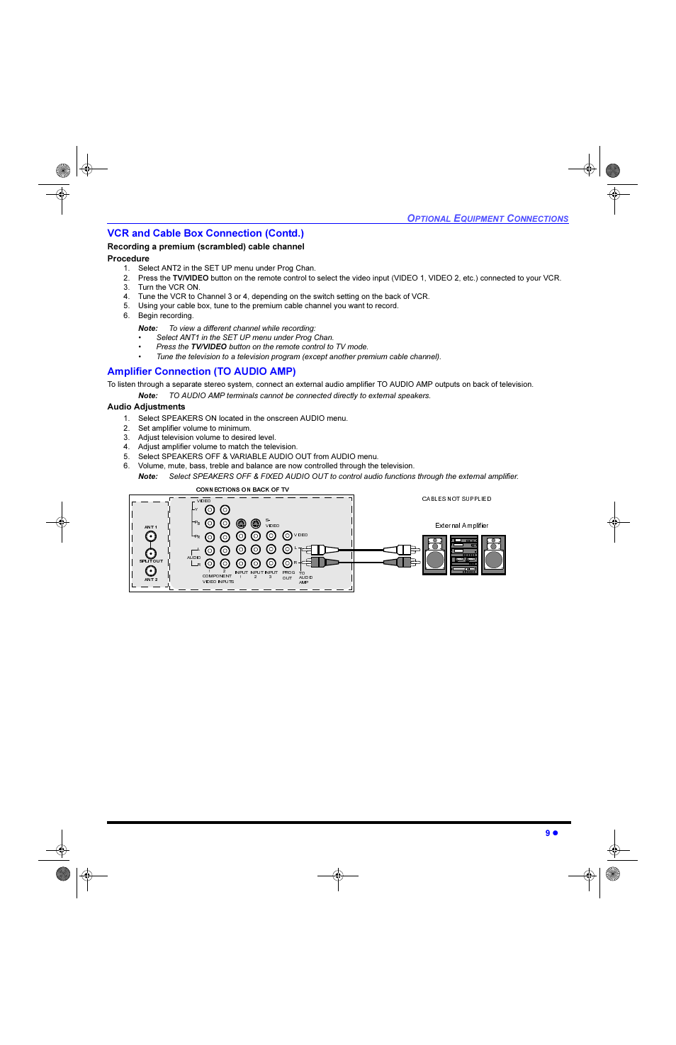 Amplifier (to audio amp), 9&5 dqg &deoh %r[ &rqqhfwlrq &rqwg, Xglr $gmxvwphqwv | Panasonic CinemaVision PT 61HX42 User Manual | Page 11 / 108