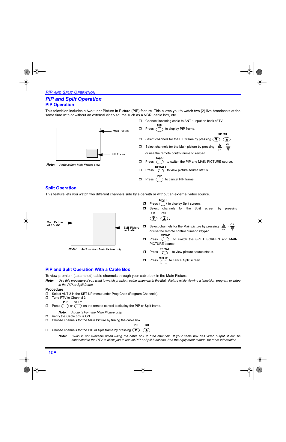 Pip and split operation, 3,3 dqg 6solw 2shudwlrq, 3,3 2shudwlrq | 6solw 2shudwlrq, 3,3 dqg 6solw 2shudwlrq :lwk d &deoh %r | Panasonic CinemaVision PT 61HX42 User Manual | Page 14 / 108