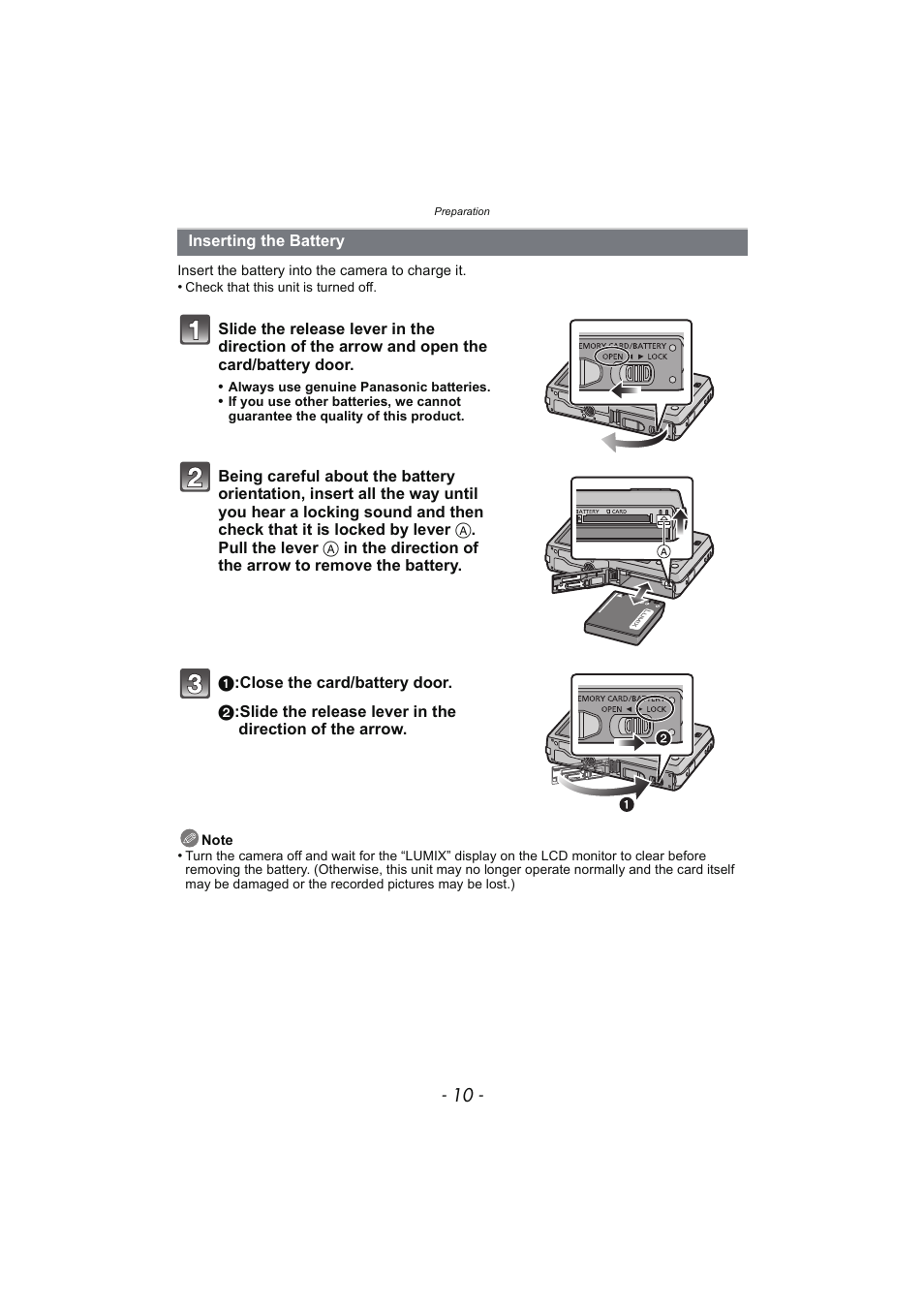 Inserting the battery | Panasonic DMC-SZ02 User Manual | Page 10 / 128