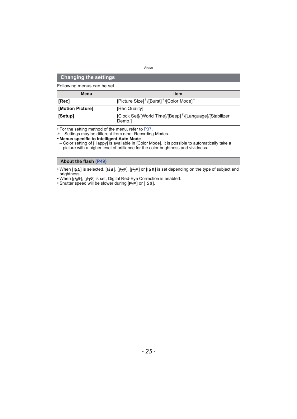 Changing the settings | Panasonic DMC-SZ02 User Manual | Page 25 / 128