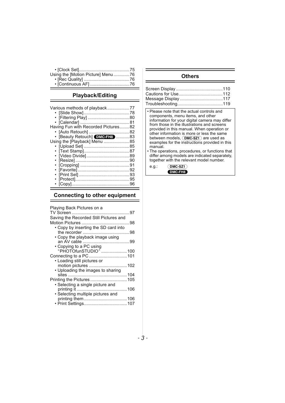 Playback/editing, Connecting to other equipment, Others | Panasonic DMC-SZ02 User Manual | Page 3 / 128