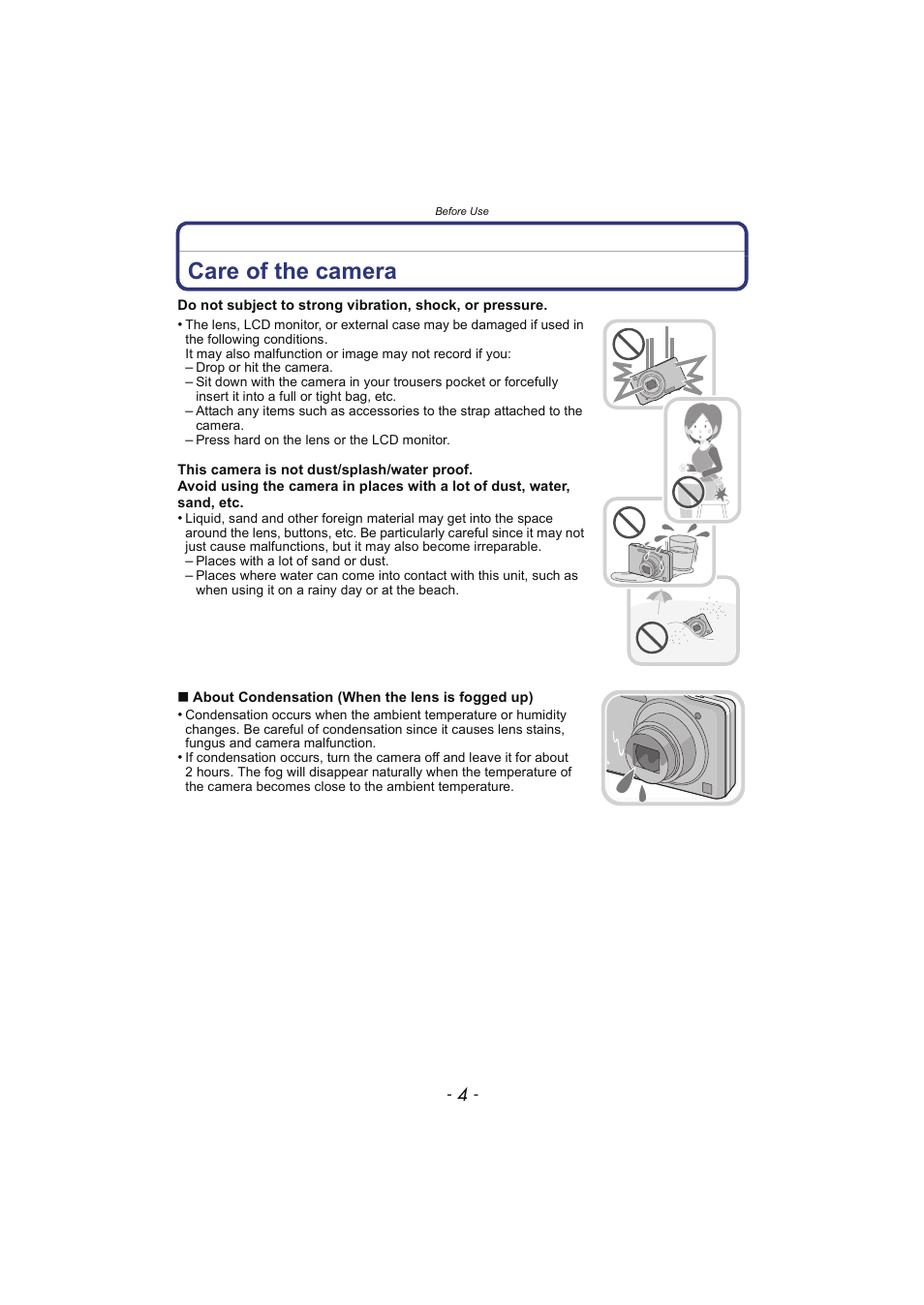 Before use, Care of the camera | Panasonic DMC-SZ02 User Manual | Page 4 / 128