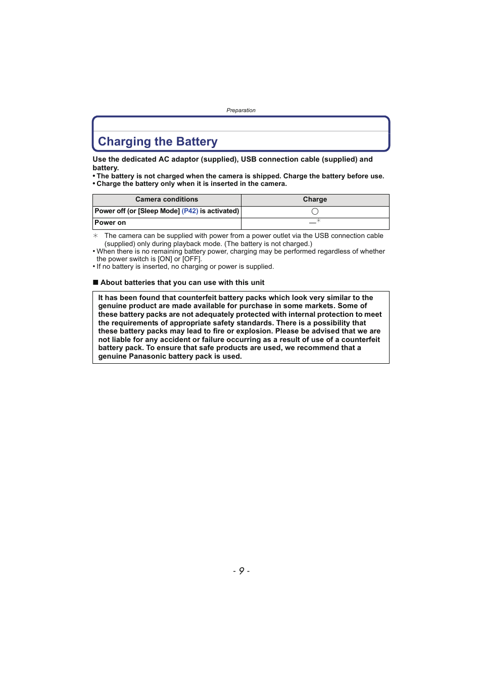 Preparation, Charging the battery | Panasonic DMC-SZ02 User Manual | Page 9 / 128