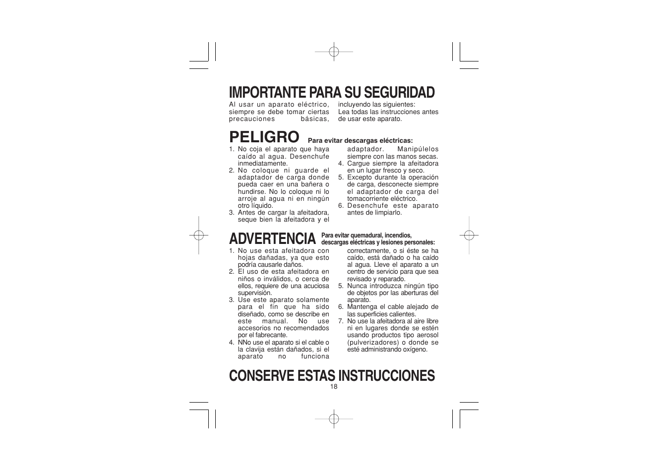 Importante para su seguridad, Peligro, Advertencia | Conserve estas instrucciones | Panasonic ES8090 User Manual | Page 12 / 16