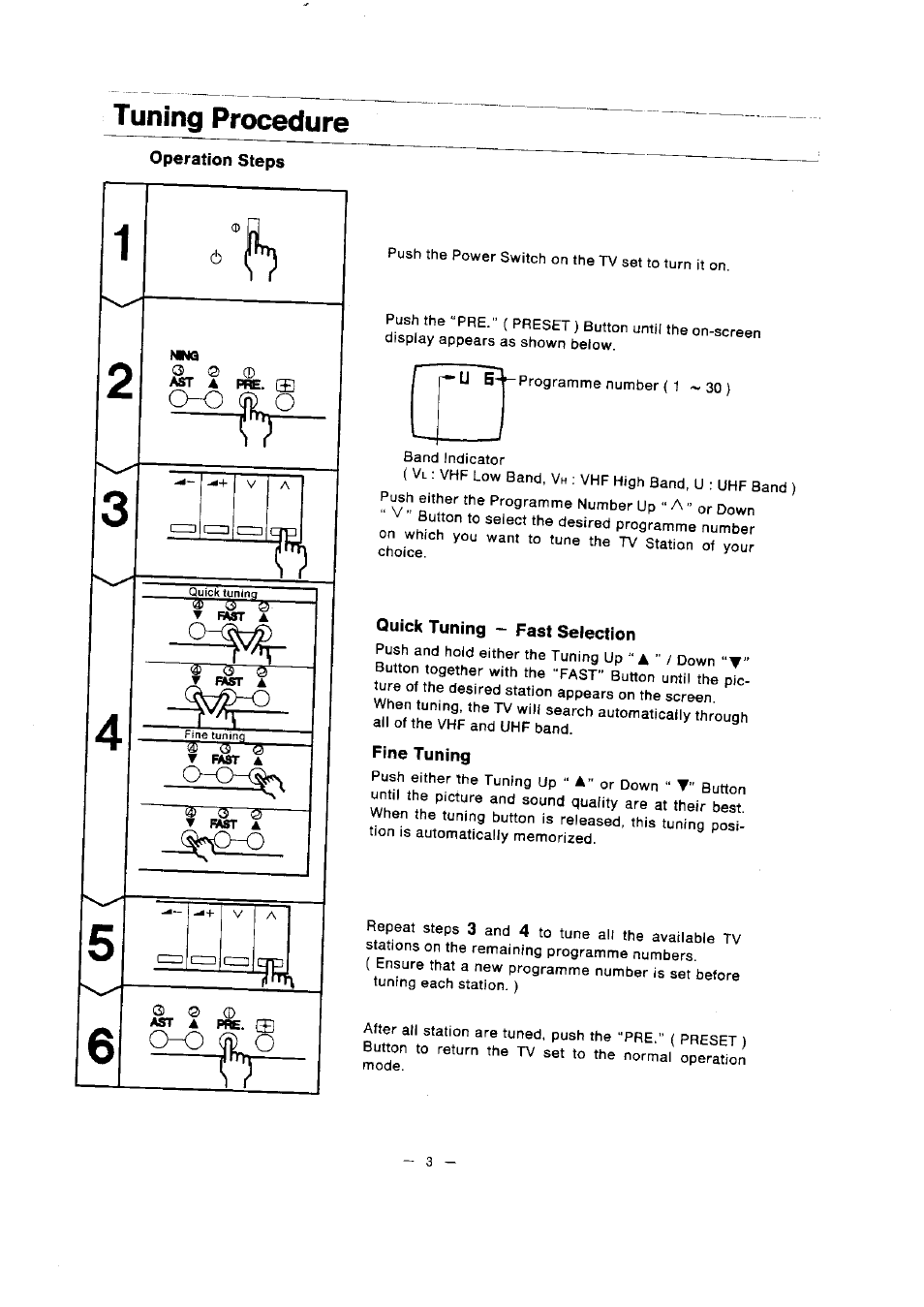 Tuning procedure, Operation steps, Quick tuning ~ fast selection | Fine tuning | Panasonic TC-1471AR User Manual | Page 4 / 9