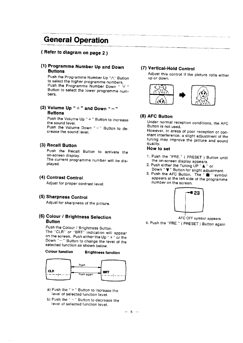 General operation, 1) programme number up and down buttons, 2) volume up “ + ” and down “ - ” buttons | 3) recall button, 4) contrast control, 5) sharpness control, 6) colour / brightness selection button, 7) vertical-hold control, 8) afc button, How to set | Panasonic TC-1471AR User Manual | Page 6 / 9