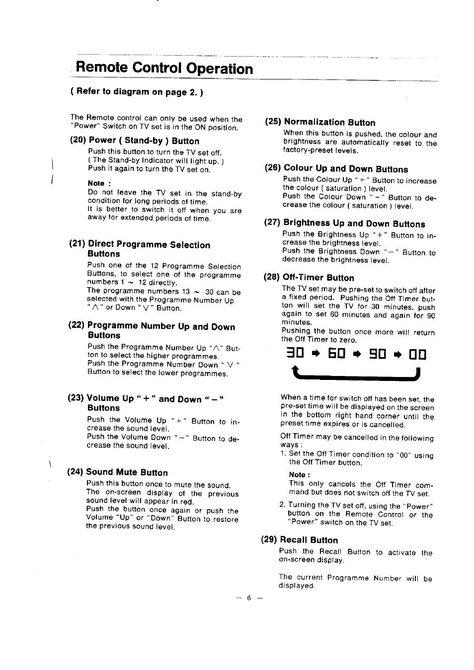 Remote control operation, 20) power ( stand-by ) button, 21) direct programme selection buttons | 22) programme number up and down buttons, 25) normalization button, 26) colour up and down buttons, 27) brightness up and down buttons, 28) off-timer button, 23) volume up “ + ” and down “ - ” buttons, 24) sound mute button | Panasonic TC-1471AR User Manual | Page 7 / 9