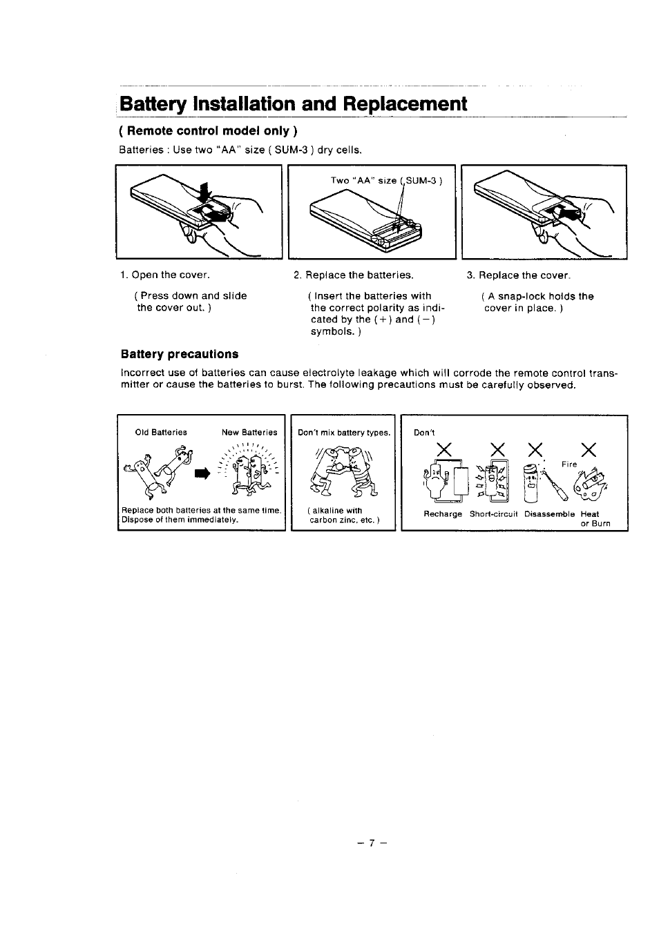 Battery installation and replacement, Remote control model only ), Battery precautions | Panasonic TC-1471AR User Manual | Page 8 / 9