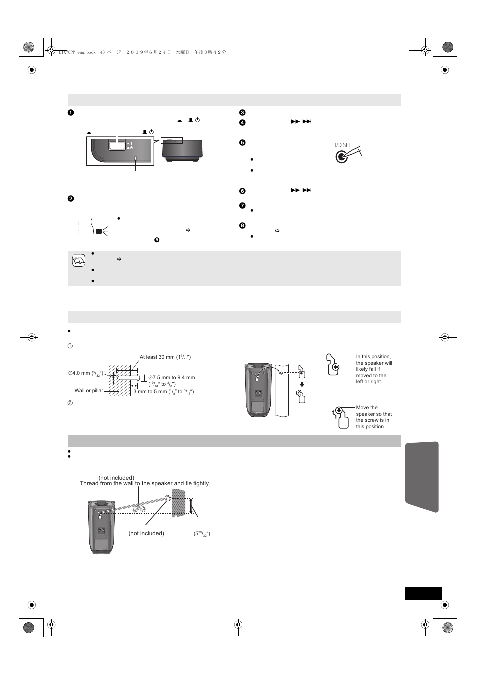Speaker installation options, Preventing the speakers from falling, Optional speaker settings | Panasonic SC-BTX70 User Manual | Page 43 / 56