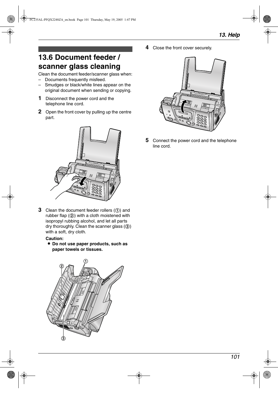 Cleaning, 6 document feeder / scanner glass cleaning, Document feeder / scanner glass | 6 document feeder / scanner glass cleaning | Panasonic KX-FC231NZ User Manual | Page 103 / 114