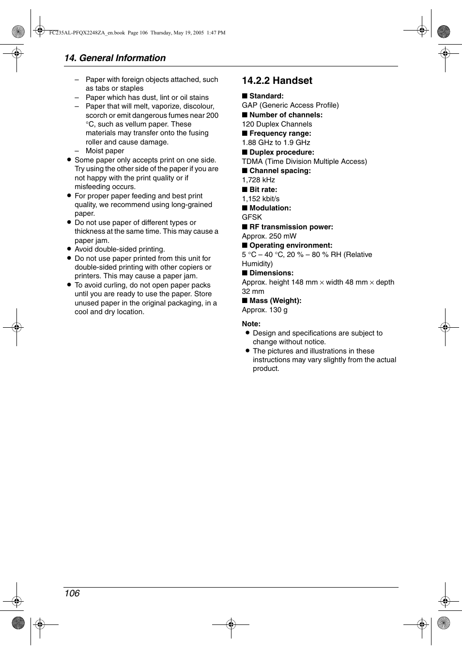 2 handset, General information 106 | Panasonic KX-FC231NZ User Manual | Page 108 / 114