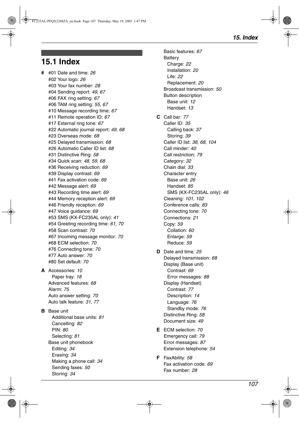 Index, 1 index, Index 107 | Panasonic KX-FC231NZ User Manual | Page 109 / 114