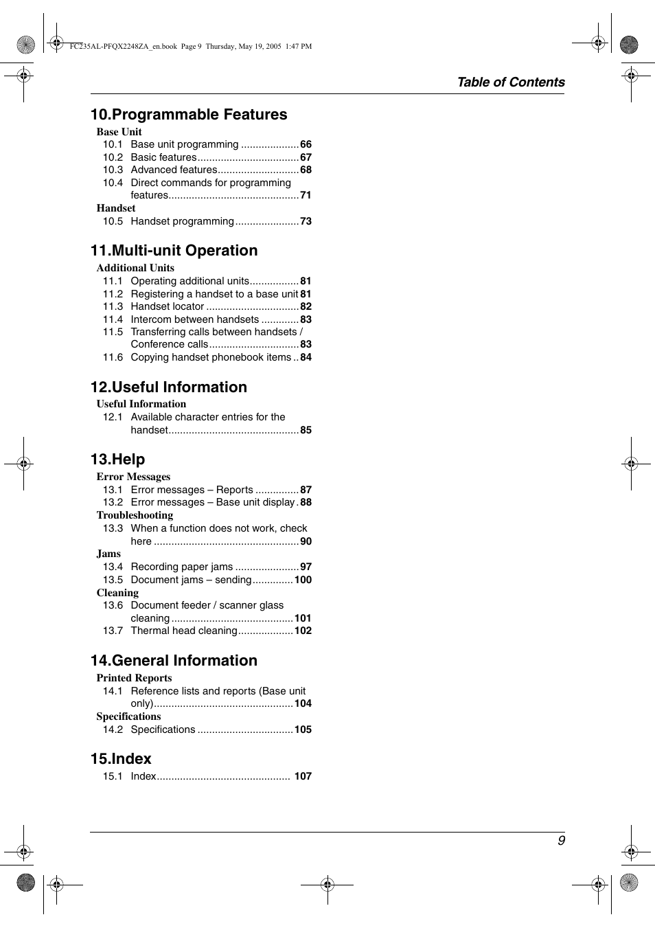 Programmable features, Multi-unit operation, Useful information | Help, General information, Index | Panasonic KX-FC231NZ User Manual | Page 11 / 114