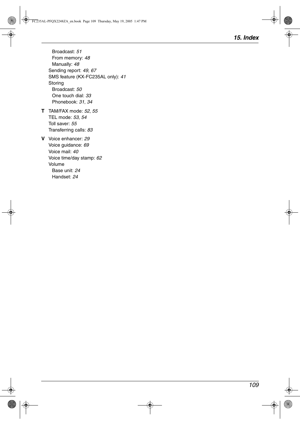 Index 109 | Panasonic KX-FC231NZ User Manual | Page 111 / 114