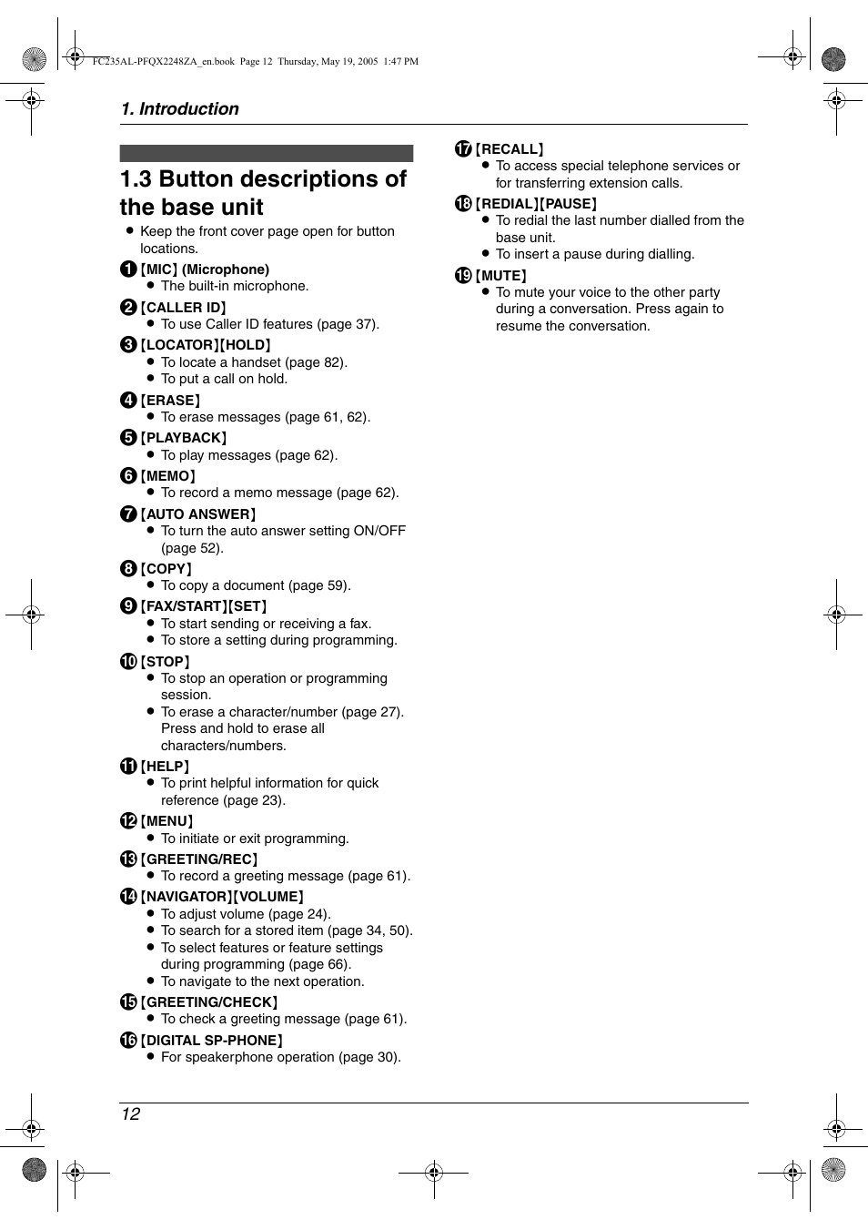 Finding the controls, 3 button descriptions of the base unit, Button descriptions of the base unit . 12 | 3 button descriptions of the base unit | Panasonic KX-FC231NZ User Manual | Page 14 / 114