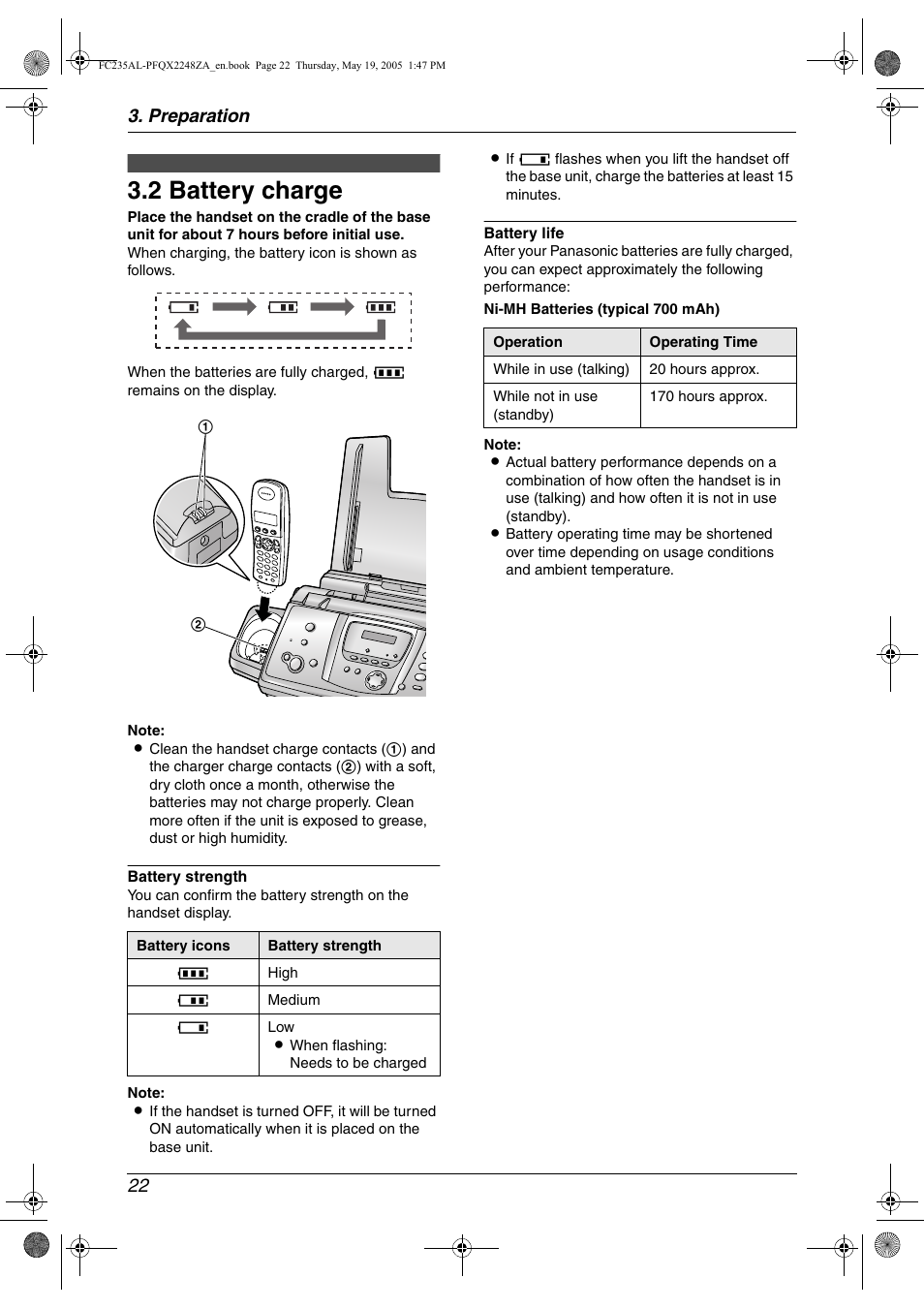 2 battery charge, Battery charge, 2 battery charge | Preparation 22 | Panasonic KX-FC231NZ User Manual | Page 24 / 114