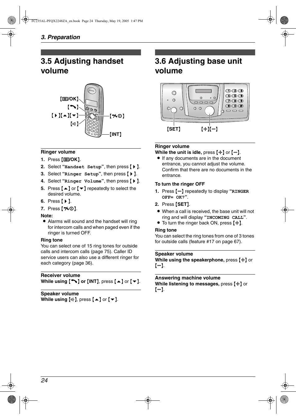 Volume, 5 adjusting handset volume, 6 adjusting base unit volume | Adjusting handset volume, Adjusting base unit volume, 5 adjusting handset volume, 6 adjusting base unit volume, Preparation 24 | Panasonic KX-FC231NZ User Manual | Page 26 / 114