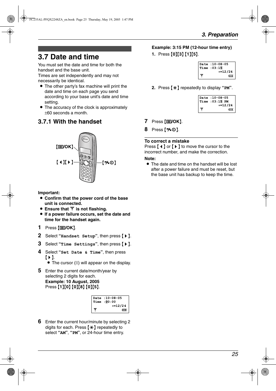 Initial programming, 7 date and time, Date and time | 7 date and time, 1 with the handset, Preparation 25 | Panasonic KX-FC231NZ User Manual | Page 27 / 114