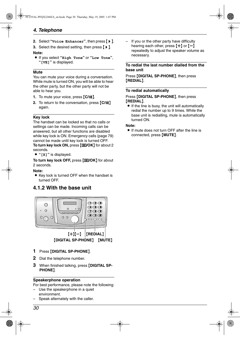 2 with the base unit, Telephone 30 | Panasonic KX-FC231NZ User Manual | Page 32 / 114