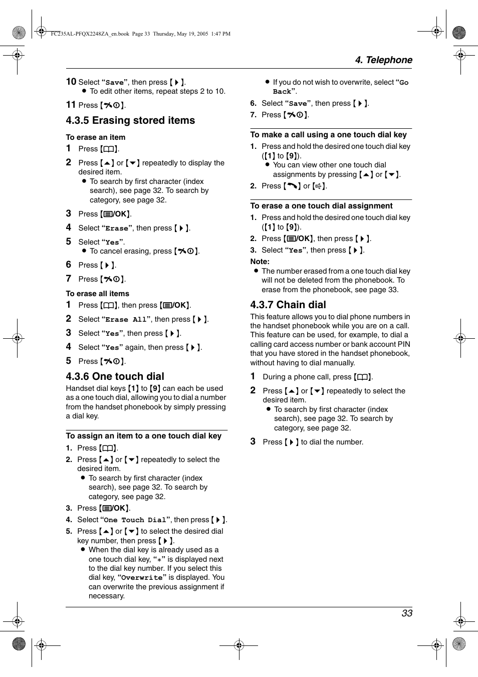 5 erasing stored items, 6 one touch dial, 7 chain dial | Panasonic KX-FC231NZ User Manual | Page 35 / 114