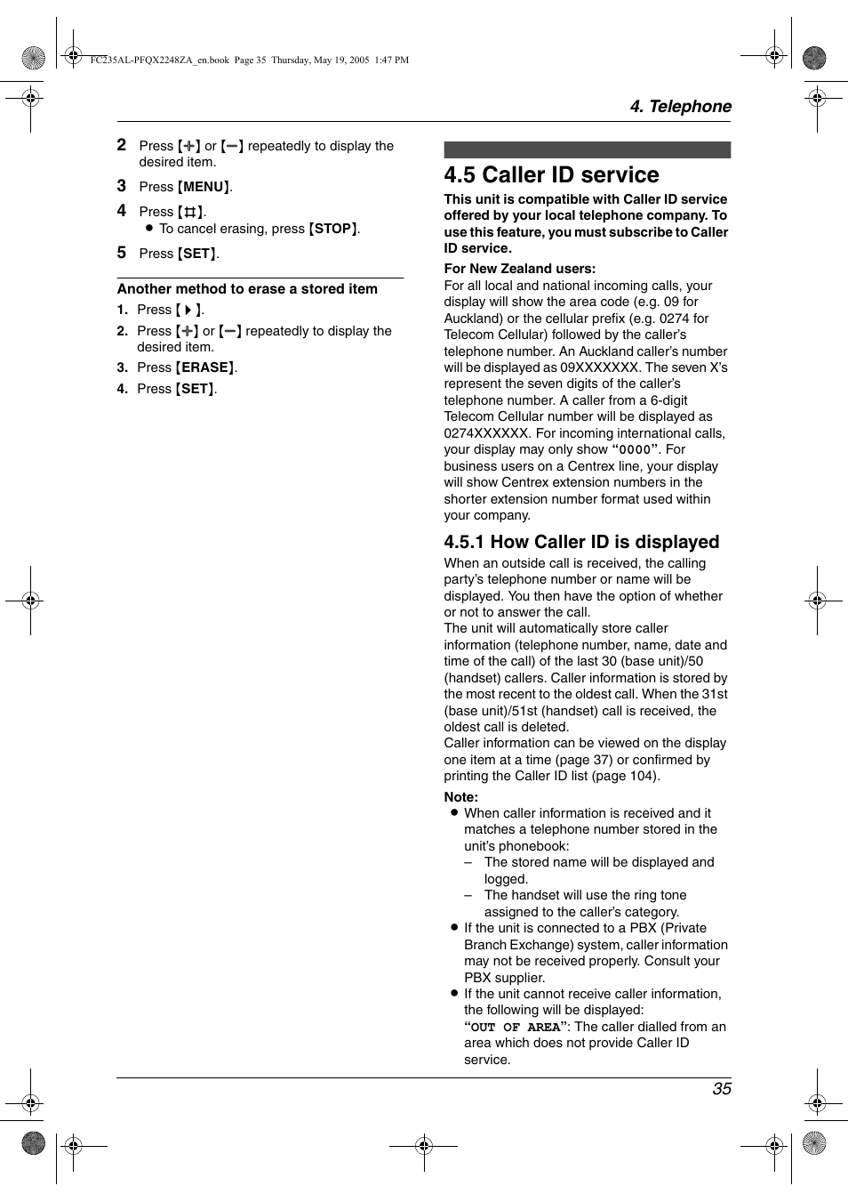 Caller id, 5 caller id service, Caller id service | 5 caller id service, 1 how caller id is displayed | Panasonic KX-FC231NZ User Manual | Page 37 / 114