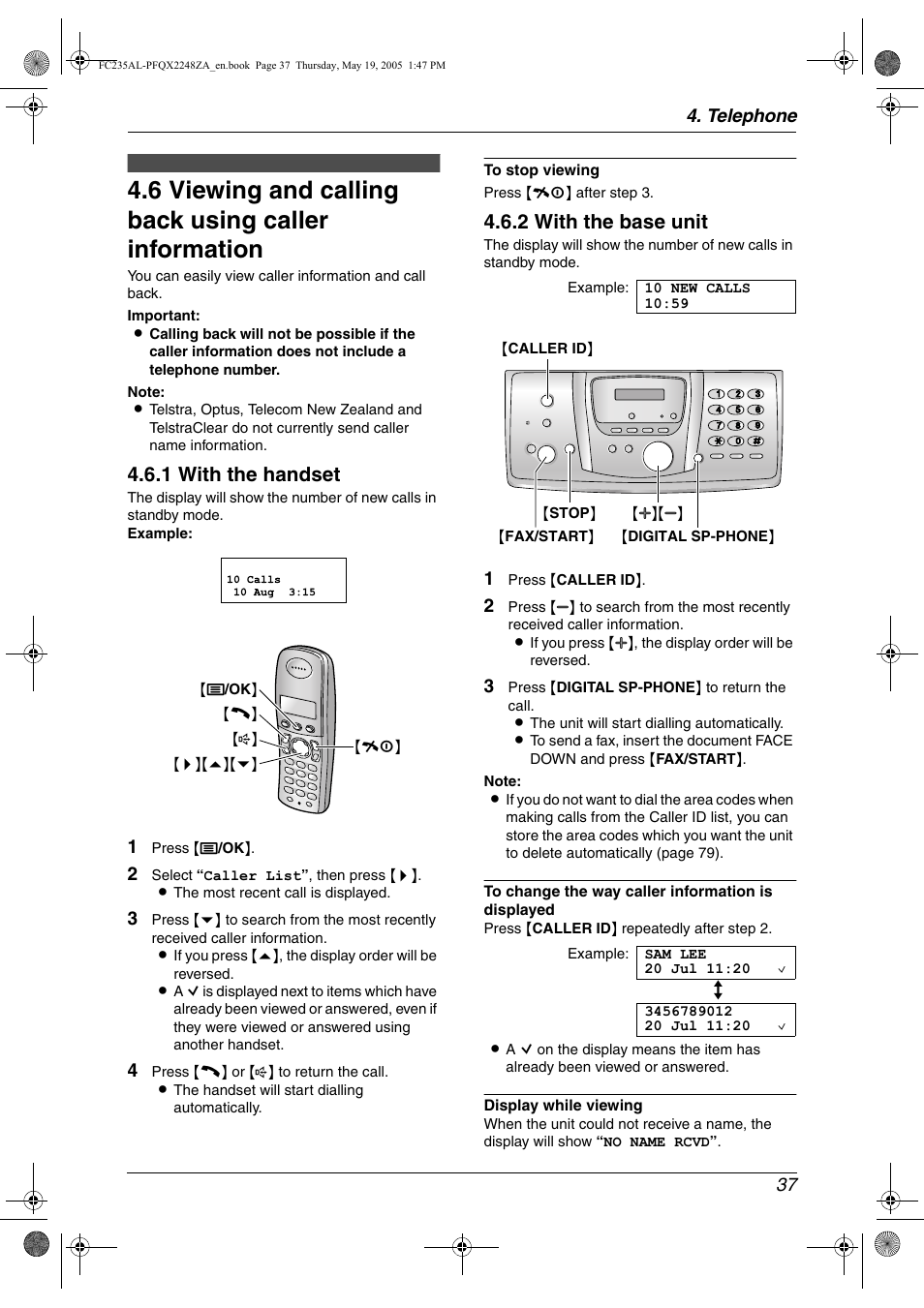 Viewing and calling back using caller information, 1 with the handset, 2 with the base unit | Panasonic KX-FC231NZ User Manual | Page 39 / 114