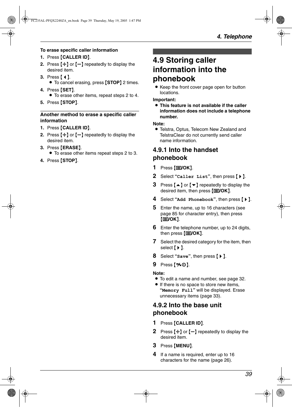 9 storing caller information into the phonebook, Storing caller information into the phonebook, 9 storing caller information into the phonebook | 1 into the handset phonebook, 2 into the base unit phonebook | Panasonic KX-FC231NZ User Manual | Page 41 / 114