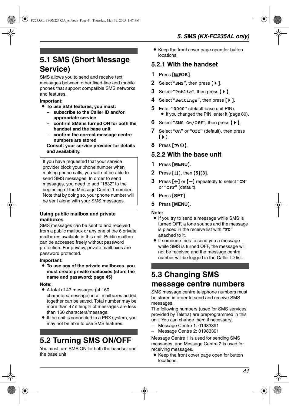 Sms (kx-fc235al only), 1 sms (short message service), 2 turning sms on/off | 3 changing sms message centre numbers, Sms (short message service), Turning sms on/off, Changing sms message centre numbers, 1 sms (short message service), 2 turning sms on/off, 3 changing sms message centre numbers | Panasonic KX-FC231NZ User Manual | Page 43 / 114