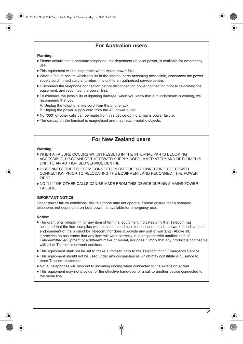 For australian users, For new zealand users | Panasonic KX-FC231NZ User Manual | Page 5 / 114