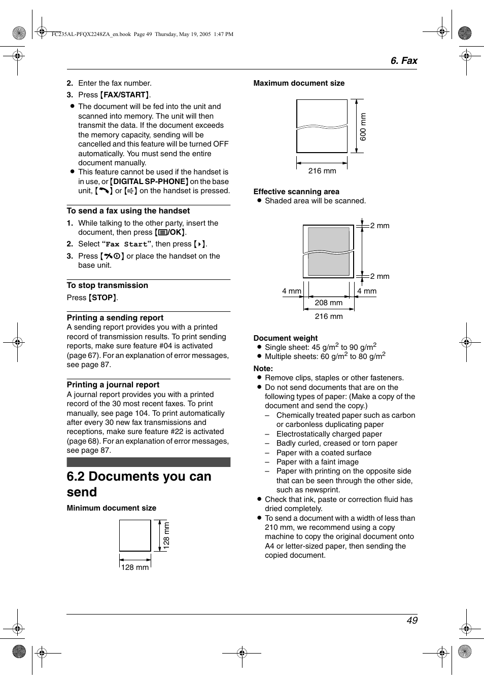 2 documents you can send, Documents you can send, 2 documents you can send | Fax 49 | Panasonic KX-FC231NZ User Manual | Page 51 / 114