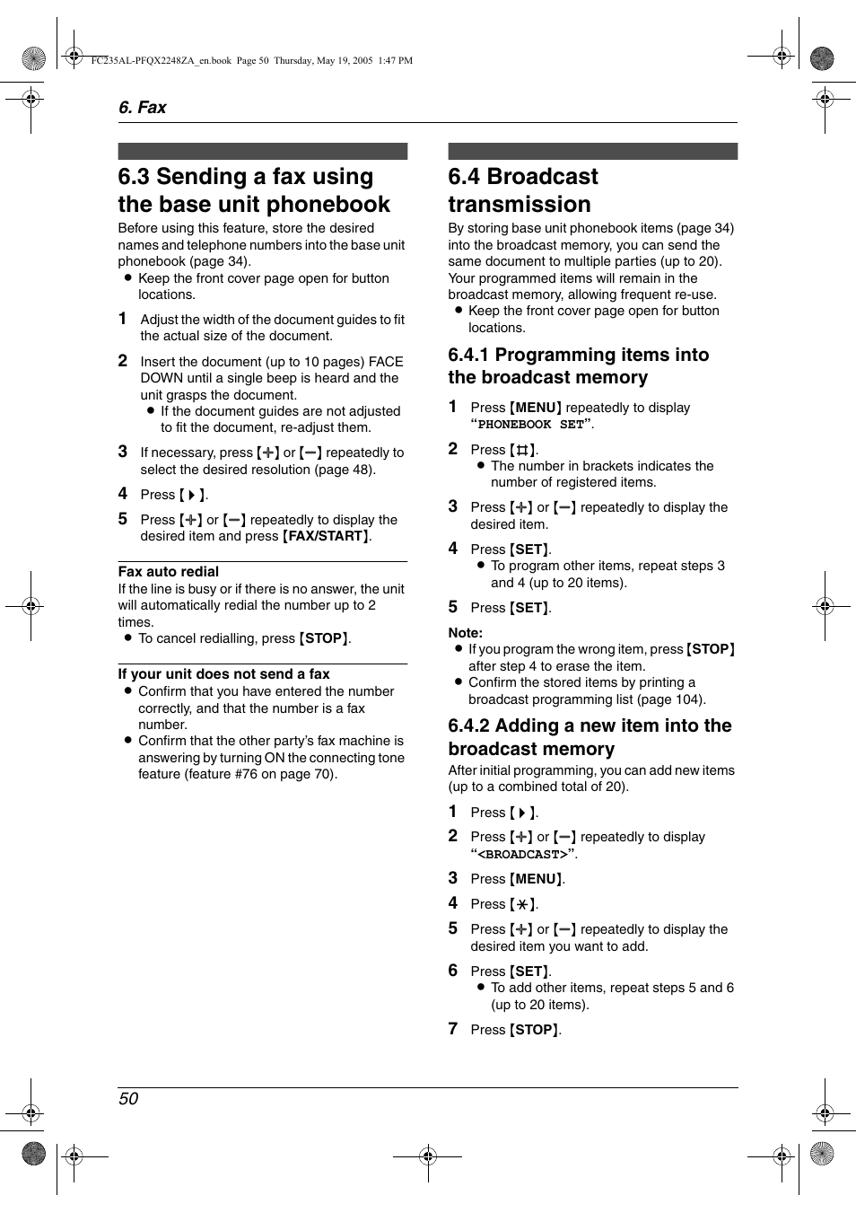 3 sending a fax using the base unit phonebook, 4 broadcast transmission, Sending a fax using the base unit phonebook | Broadcast transmission, 3 sending a fax using the base unit phonebook, 4 broadcast transmission | Panasonic KX-FC231NZ User Manual | Page 52 / 114