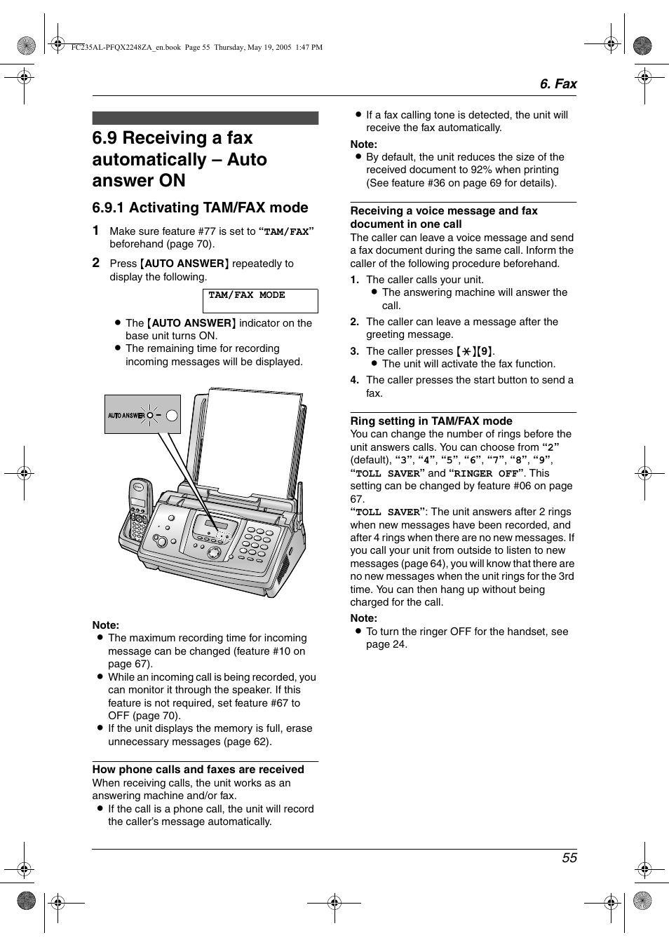 9 receiving a fax automatically – auto answer on, Receiving a fax automatically – auto answer on, 9 receiving a fax automatically – auto answer on | 1 activating tam/fax mode, Fax 55 | Panasonic KX-FC231NZ User Manual | Page 57 / 114