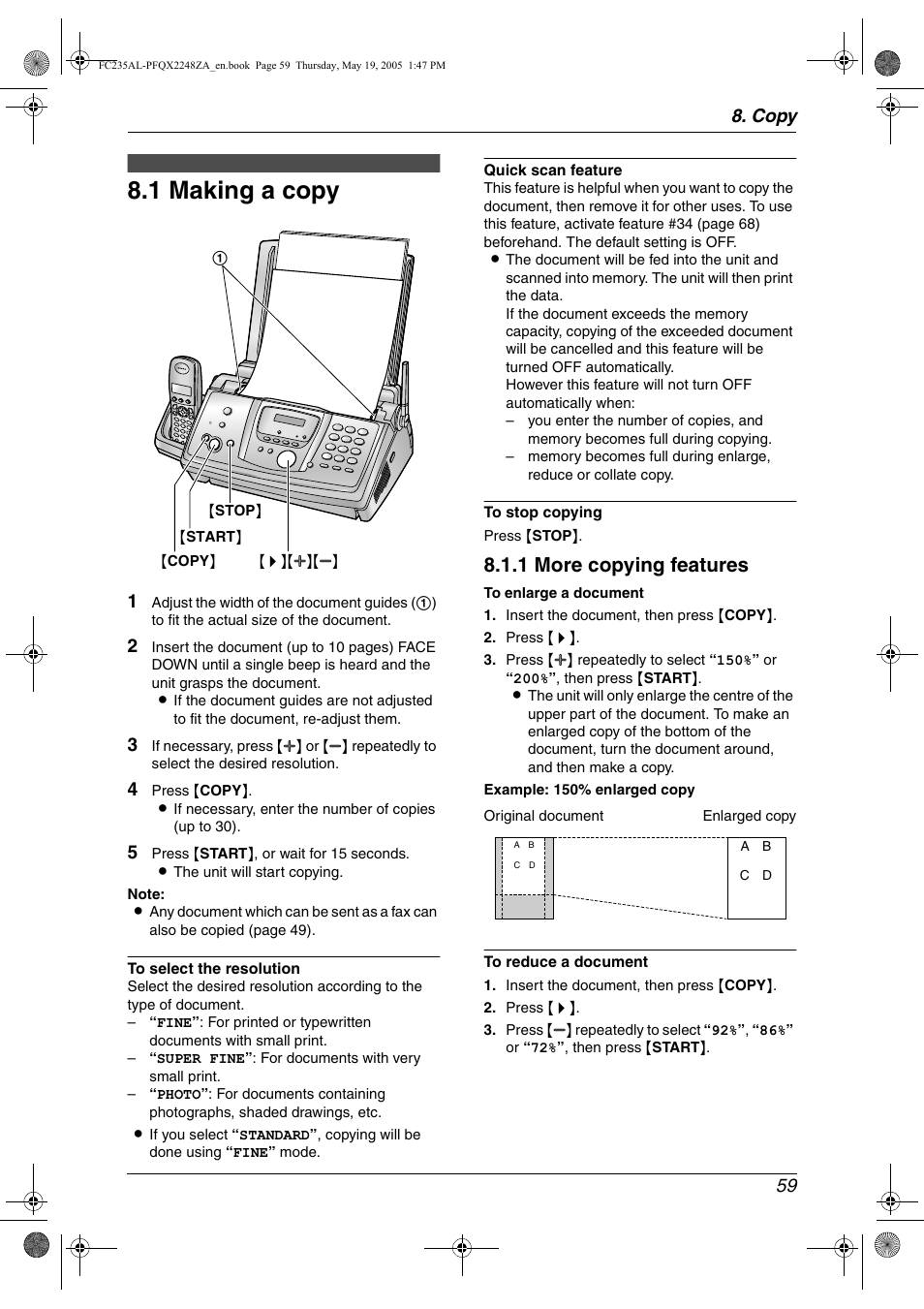 Copy, Copying, 1 making a copy | Making a copy, 1 making a copy, 1 more copying features, Copy 59 | Panasonic KX-FC231NZ User Manual | Page 61 / 114