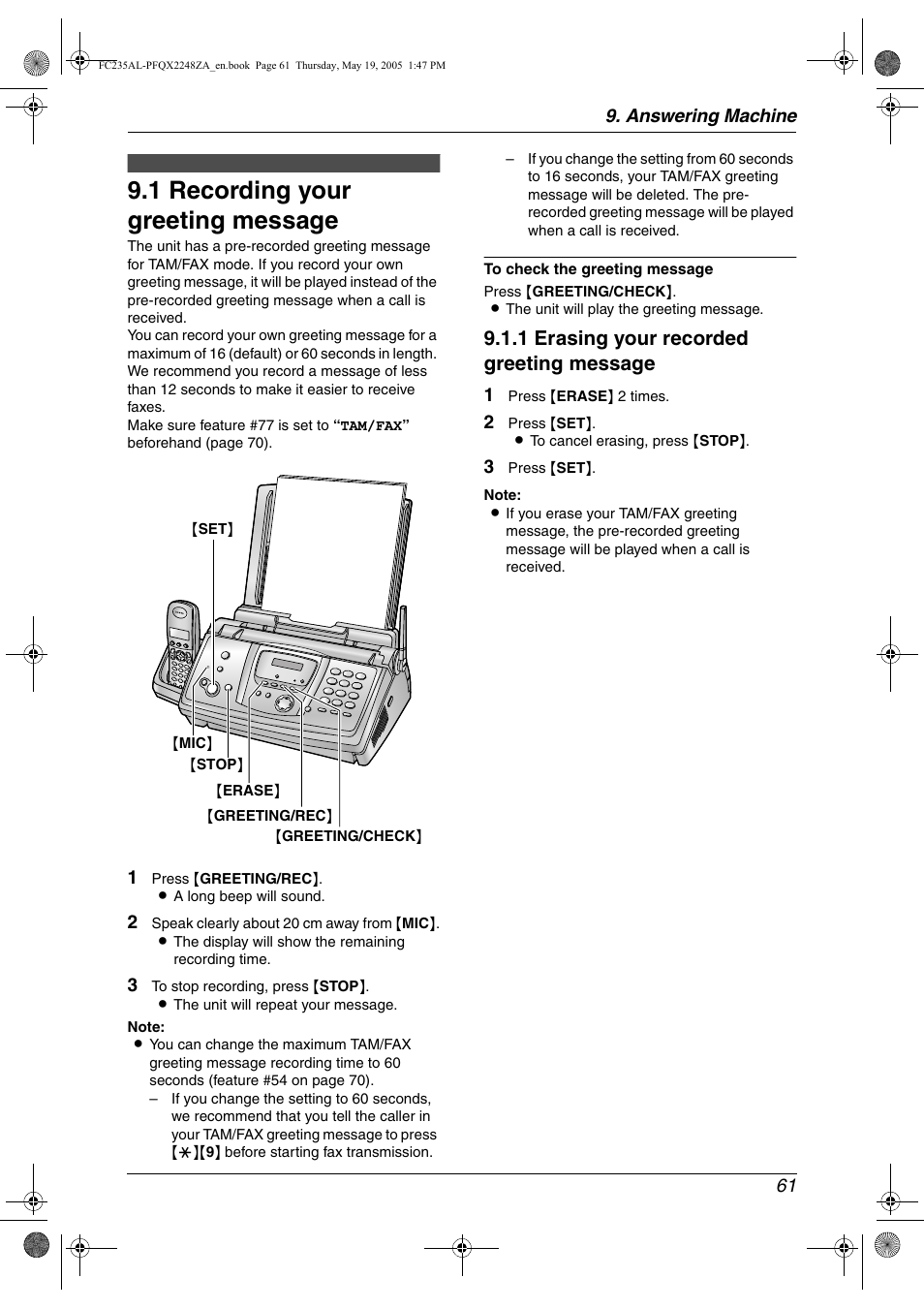 Answering machine, Greeting, 1 recording your greeting message | Recording your greeting message, 1 recording your greeting message, 1 erasing your recorded greeting message, Answering machine 61 | Panasonic KX-FC231NZ User Manual | Page 63 / 114