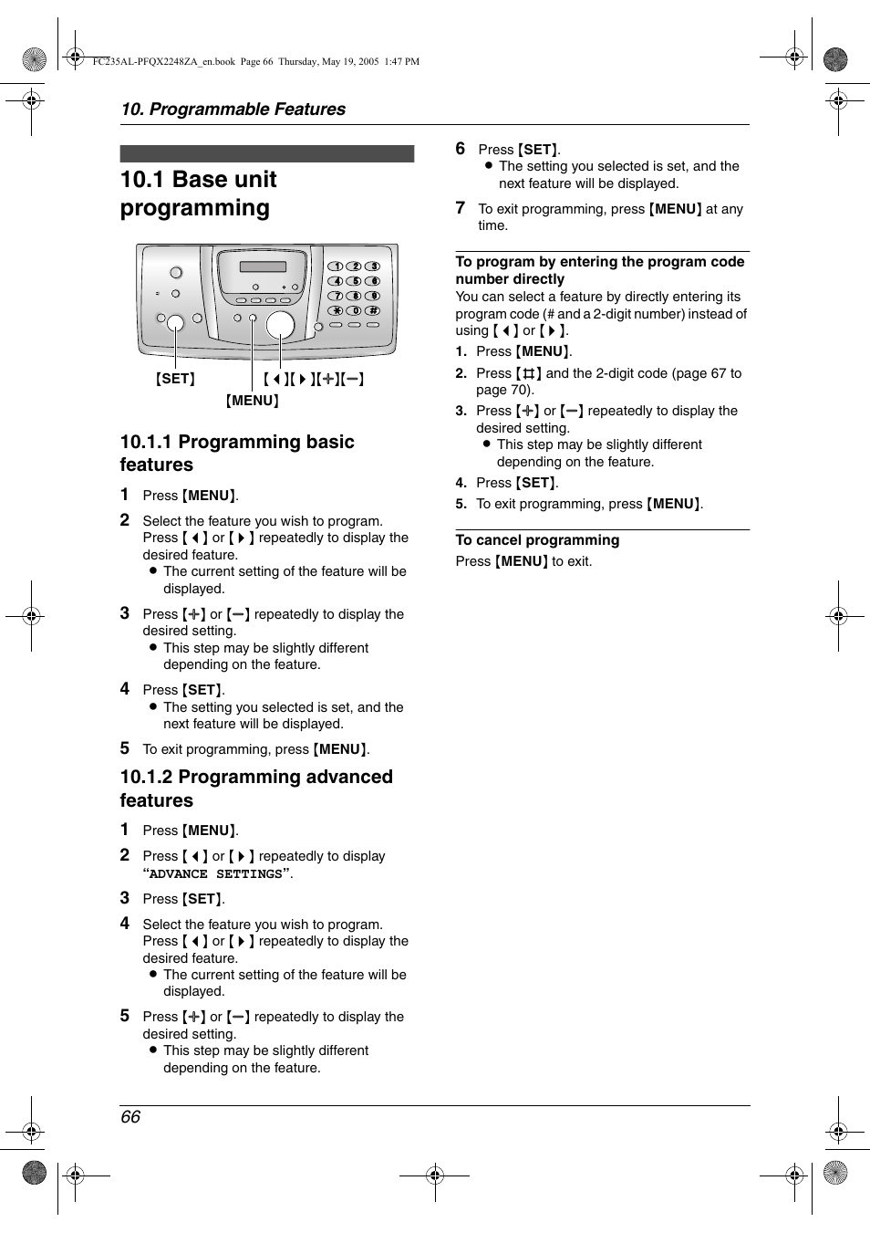 Programmable features, Base unit, 1 base unit programming | Base unit programming, 1 base unit programming, 1 programming basic features, 2 programming advanced features | Panasonic KX-FC231NZ User Manual | Page 68 / 114