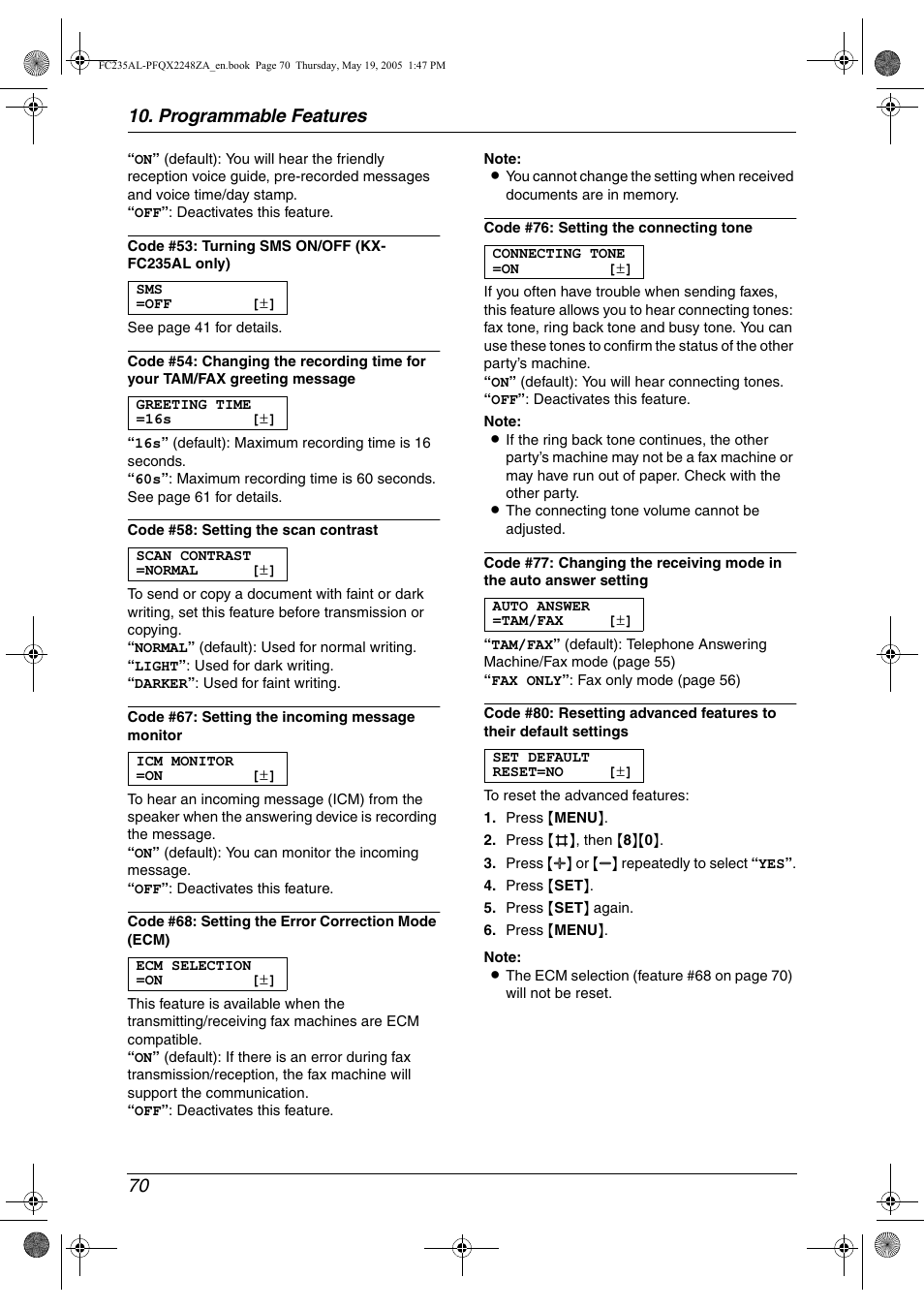 Programmable features 70 | Panasonic KX-FC231NZ User Manual | Page 72 / 114