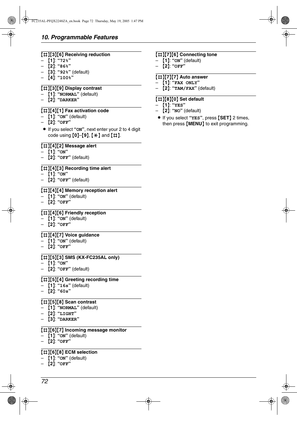 Programmable features 72 | Panasonic KX-FC231NZ User Manual | Page 74 / 114