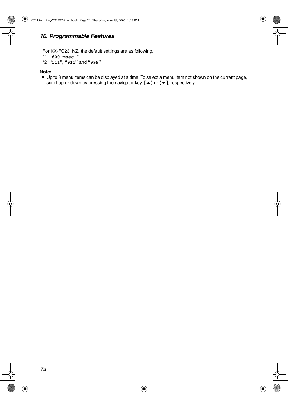 Programmable features 74 | Panasonic KX-FC231NZ User Manual | Page 76 / 114