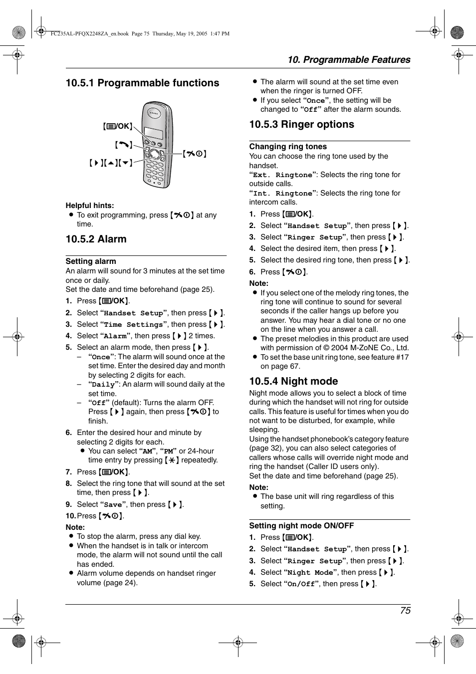 1 programmable functions, 2 alarm, 3 ringer options | 4 night mode, Programmable features 75 | Panasonic KX-FC231NZ User Manual | Page 77 / 114
