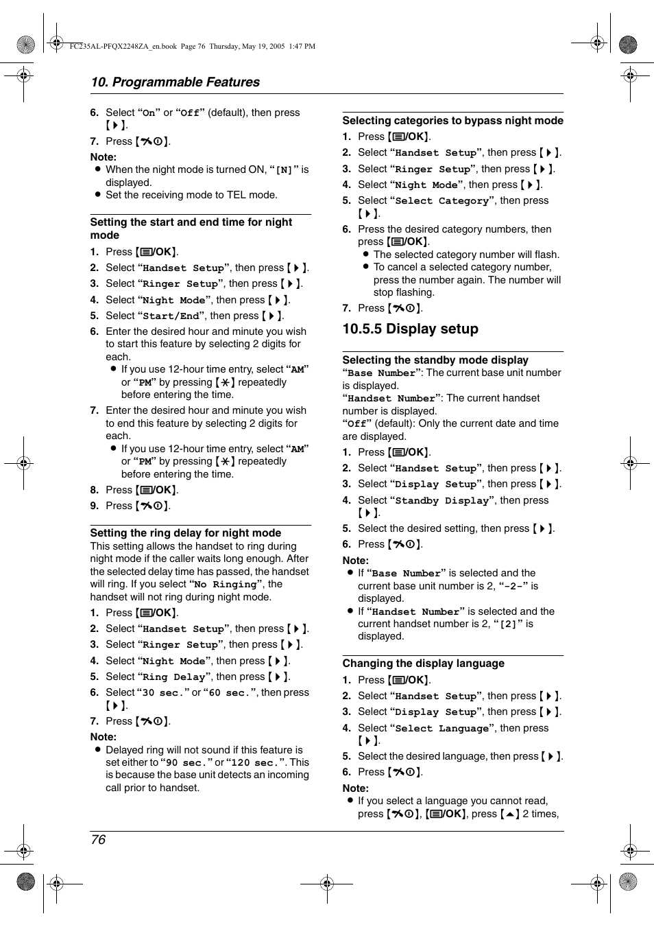 5 display setup, Programmable features 76 | Panasonic KX-FC231NZ User Manual | Page 78 / 114